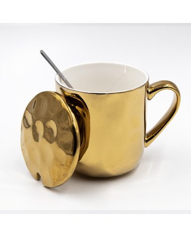 Mug Chop en Céramique Golden avec Couvercle et Cuillère 450 ml Mug Chop en Céramique Golden avec Couvercle et Cuillère 450 ml