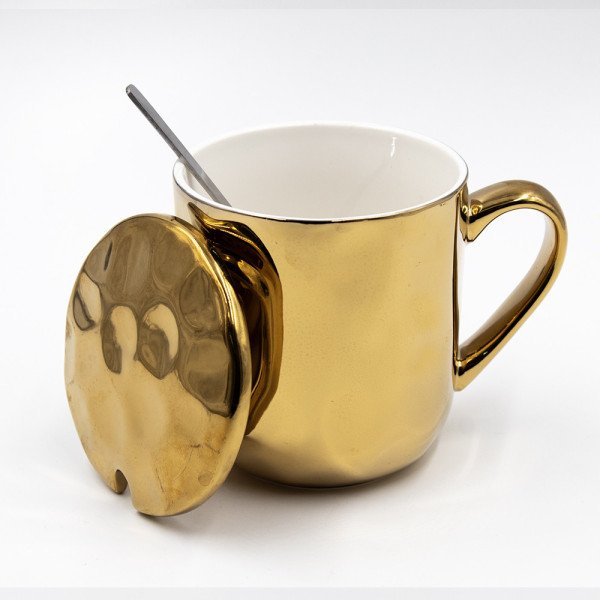 Mug Chop en Céramique Golden avec Couvercle et Cuillère 450 ml Mug Chop en Céramique Golden avec Couvercle et Cuillère 450 ml