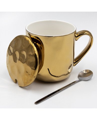 Mug Chop en Céramique Golden avec Couvercle et Cuillère 450 ml Mug Chop en Céramique Golden avec Couvercle et Cuillère 450 ml