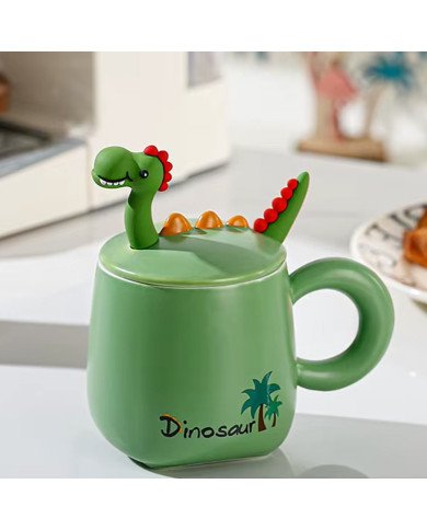 Mug Chop en Céramique Dinosaur avec Couvercle et Cuillère 450 ml Mug Chop en Céramique Dinosaur avec Couvercle et Cuillère 450 ml
