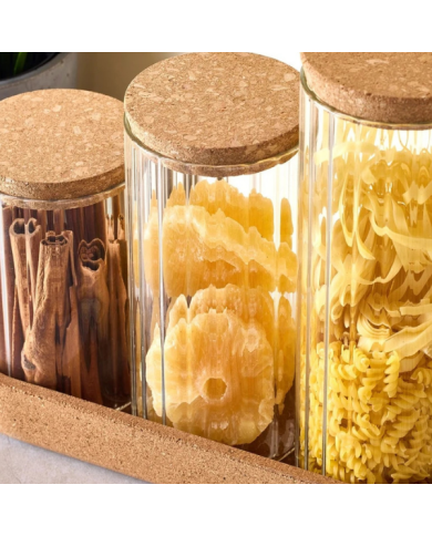 Boîte à épices 3 pièces en verre avec plateau en bois