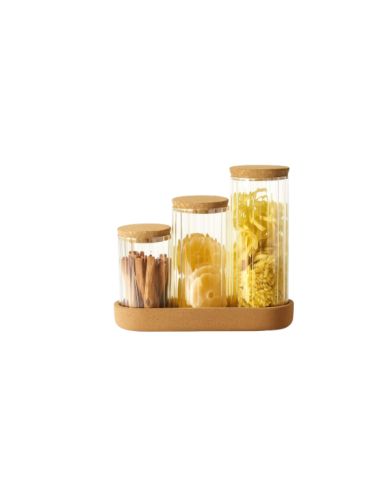 Boîte à épices 3 pièces en verre avec plateau en bois
