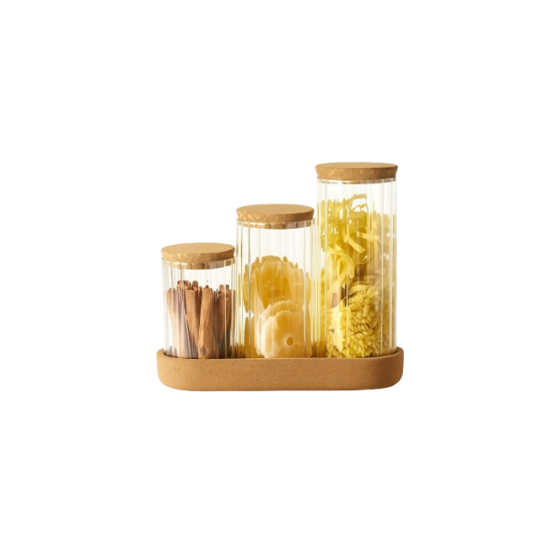 Boîte à épices 3 pièces en verre avec plateau en bois