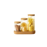 Boîte à épices 3 pièces en verre avec plateau en bois