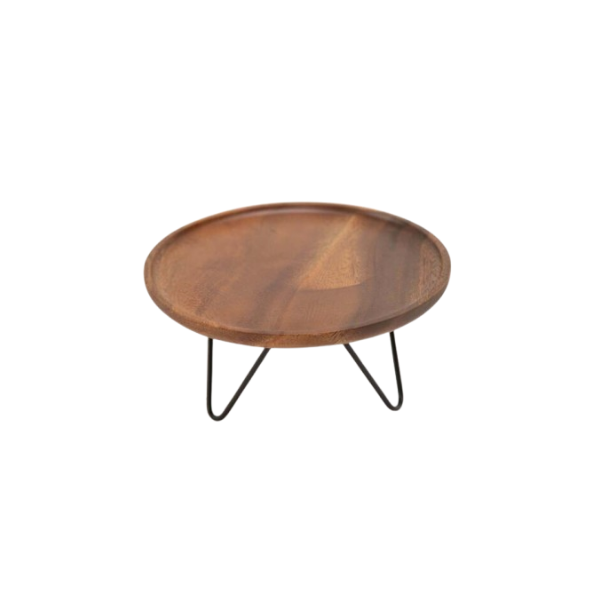 Plat de présentation rond en bois avec pied en métal