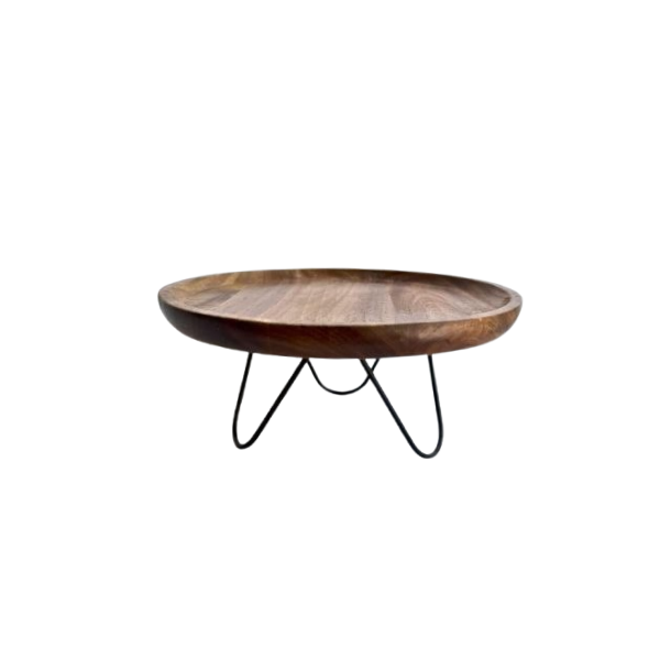 Plat de présentation rond en bois avec pied en métal