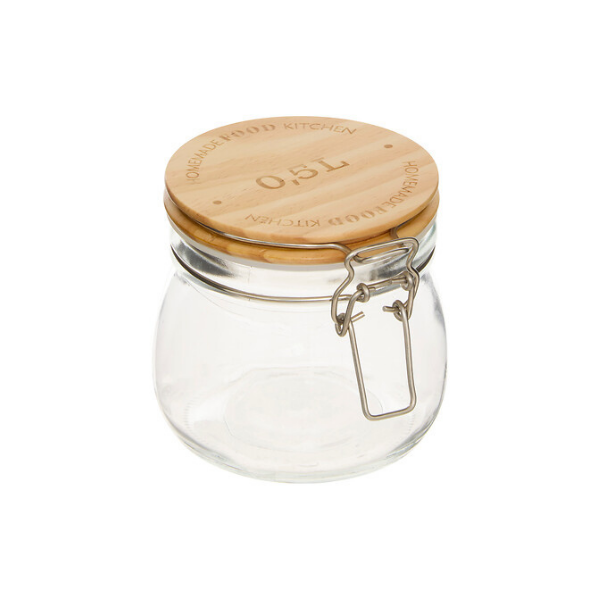 Bocal en verre avec couvercle en bois