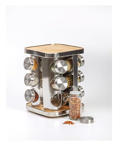 Rack rotatif 12 pots à épices inox bambou